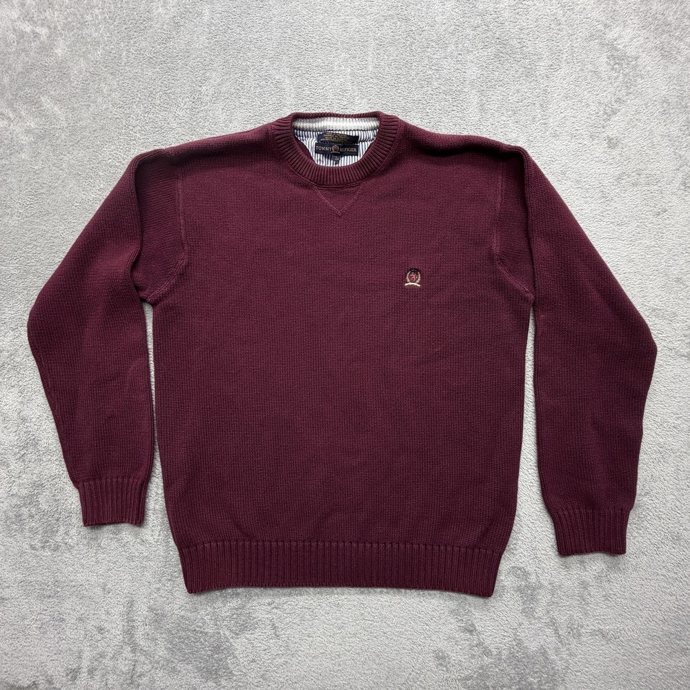 Tommy Hilfiger Sweater Mens L Red Crew Neck Cotton Pullover Embroidered